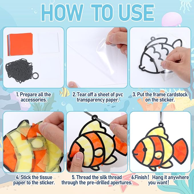 Qyeahkj 36 Set Under The Sea Fish Suncatcher Crafts for DIY Tropical Fish Window Tissue Paper Crafts Kit Summer Suncatcher Hanging Decor for Summer Home Activity Art Project Birthday Party Favor Gift