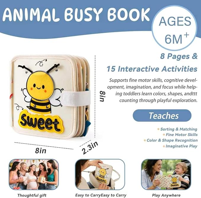 GOODMOM Bee Sensory Busy Book for Toddlers1-3 – Quiet Book with Fun Mirror, 10 Pages Interactive Activities, Educational Travel Toy, Gifts for Boys & Girls