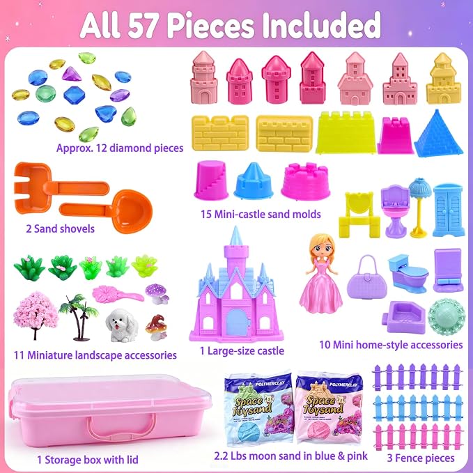 Princess Castle Sensory Bin for Toddlers 3-5 Year Old - 57 PCS Sand Play Set with Lid, Portable Sandbox, Montessori Sensory Toys, Calm Down Gift for Girls Age 3 4 5 6 7 8