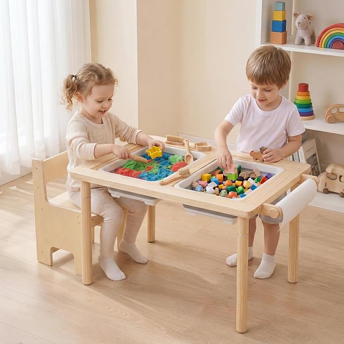 HONEY JOY Sensory Table and Chair Set, Wooden Sand & Water Activity Set w/Adjustable Height, Dual Sided Top, 2 Bins, Paper Roll & 2 Hooks for Art, Study, Craft, Gift for Boys Girls 3+