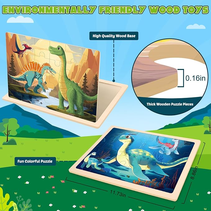 4-Pack Wooden Puzzles for Kids Ages 3-5, 24-Piece Dinosaurs Toddler Set | Toddler Puzzles Ages 3-5, Preschool Puzzles with Wooden Jigsaw Boards for Fine Motor Skills, Shape Recognition and Travel