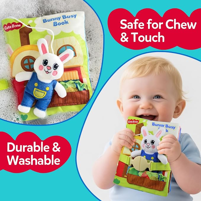 Busy Book for Toddlers 1-3, Toddler Travel Toy and Montessori Quiet Book with Attached Bunny, 12 Fine Motor Activities Gifts for 1 Year Old Boys Girls Birthday Gift