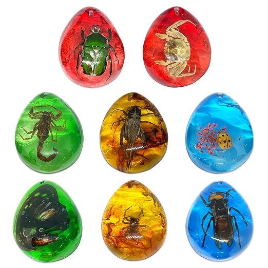 8 pcs Insect Amber Fossils, BOSOIRSOU Amber Fossil Pendants, Different Insect Specimen, Bug Preserved in Resin, Kids Educational Toy and Scientific Amber Collections-Fixed Patterns