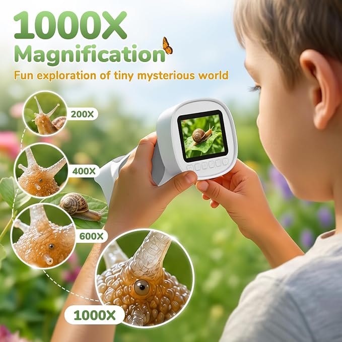 1000X Handheld Digital Microscope for Kids with 2.4" IPS Screen | Portable Educational STEM Microscope Toy with Photo/Video, 8 LEDs, Manual Focus, Rechargeable for Ages 4-12 Boys & Girls