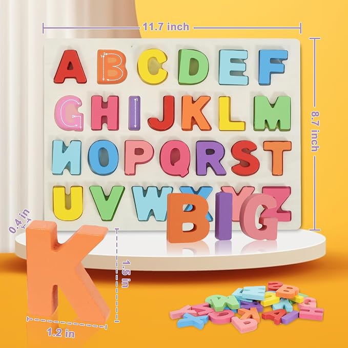 Kairsya Alphabet Puzzle Wooden Puzzles for Toddlers Alphabet Learning Puzzles Toys with Wood Letters Montessori Wooden ABC Learning Toys for Toddlers 1-5 | Preschool Educational Gift for Kids