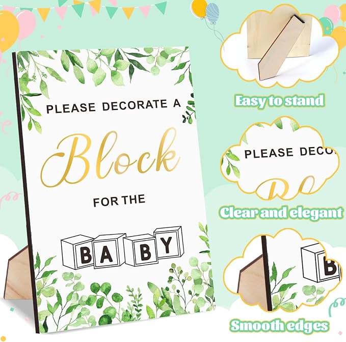 Baby Shower Blocks Game Set with Wooden Box, Acrylic Markers & Wooden Sign for Baby Shower Games, Gender Reveal & Decorations (GreenLeaves)