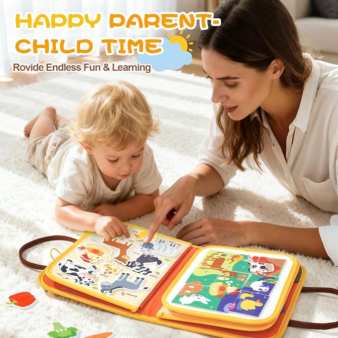 Jollybaby 8 Page Baby Soft Busy Books Sorting & Stacking Toys, Travel Toy & Montessori Sensory Educational, Preschool Learning Activities Toy for 1 2 3 Year Old Toddlers Boy Girl (Happy Farm