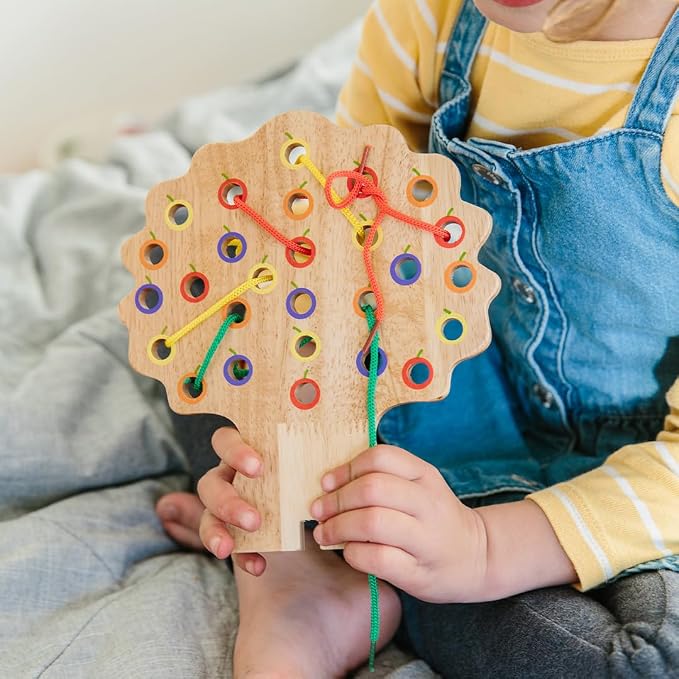 The Freckled Frog Threading Tree | Ages 18m+ | 8 Colorful Laces with Wooden Threading Tree | Montessori Toddler Lacing Toy