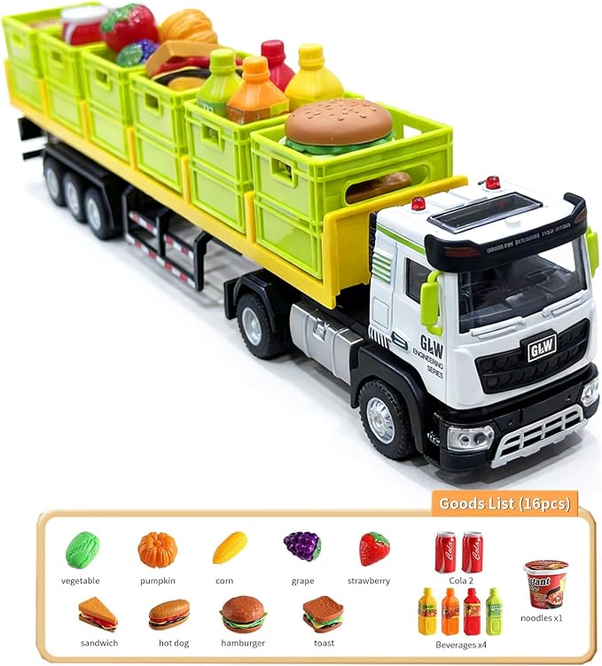 Food Transport Truck Toy for Age 3-8 Kids – Alloy Vehicles Head 1:40 Goods Trailer with Cargo Box and Food Model, Lights & Sounds (Large Transport Truck Green)