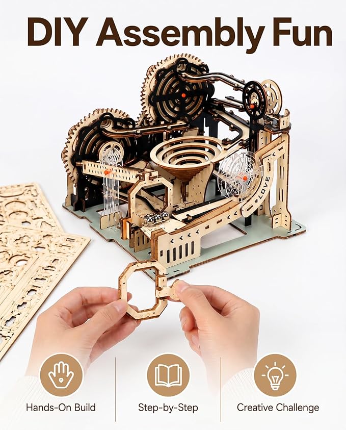 3D Wooden Puzzle for Adults, Electric DIY Marble Run Model Kit with Spiral Funnel, Gear-Driven Motion & Steel Marbles, Brain Teaser Building Toy, Creative Desk Decor Gift for Teens Adults 14+
