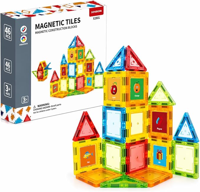 46 PCS Magnetic Tiles Kids stem Building Toy Preschool Learning Blocks Construction Magnet Gift Toddler Aged 3+