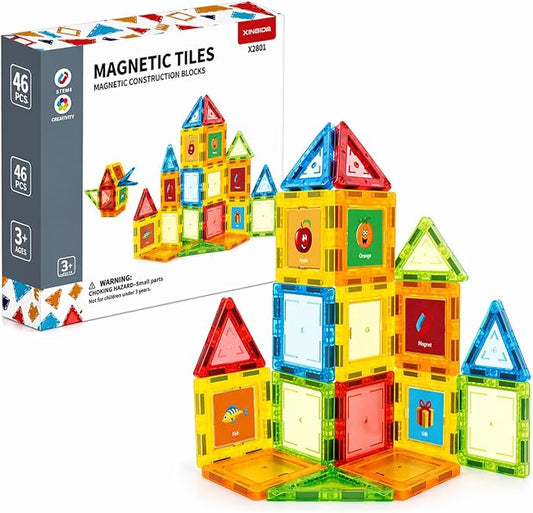 46 PCS Magnetic Tiles Kids stem Building Toy Preschool Learning Blocks Construction Magnet Gift Toddler Aged 3+