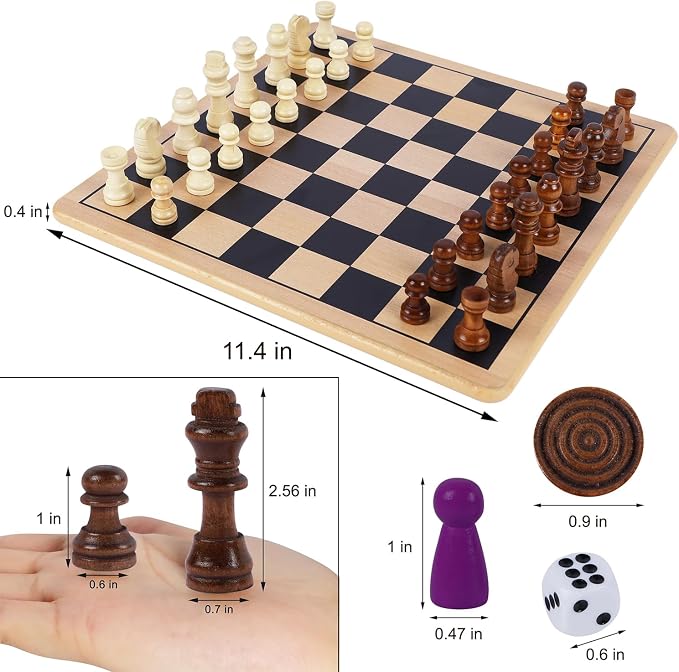 Glintoper 5-in-1 Wooden Board Game with 2 Reversible Boards for Chess, Checkers, Chinese Checkers, Snakes and Ladders, Tic Tac Toe, Tabletop Combo Classic Portable Board Games for Kids to Adult
