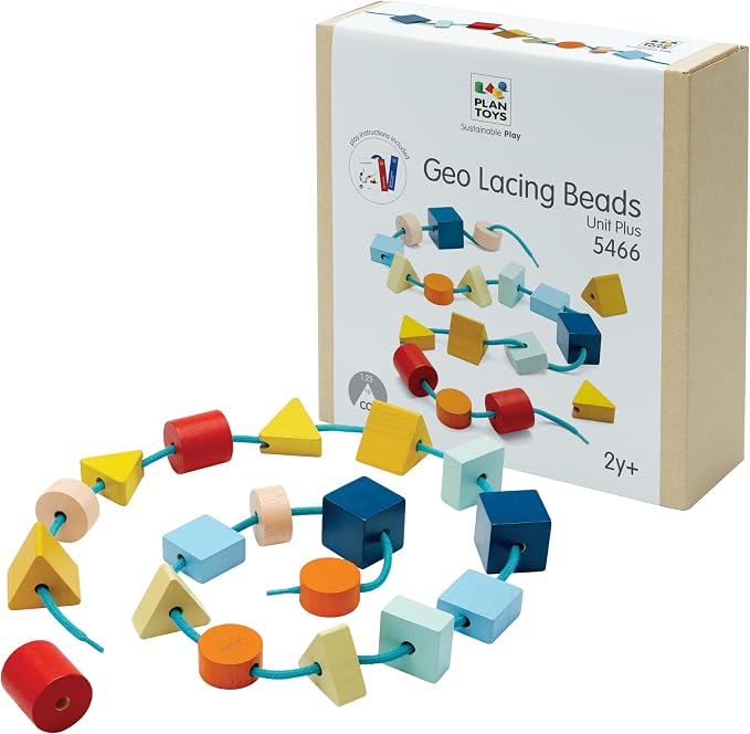 PlanToys® Geo Lacing Beads Wooden Montessori Fine Motor Early Math Kids Toy | geo lacing beads, wooden montessori fine motor early math, shape recognition colour exploration, threading coordination, kids