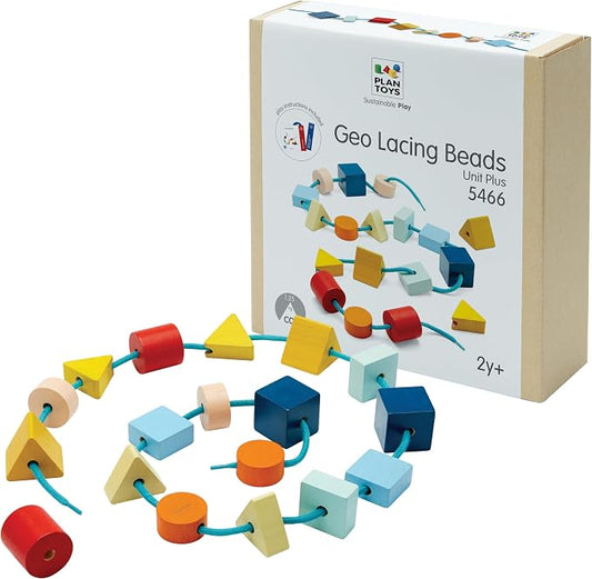 PlanToys® Geo Lacing Beads Wooden Montessori Fine Motor Early Math Kids Toy | geo lacing beads, wooden montessori fine motor early math, shape recognition colour exploration, threading coordination, kids