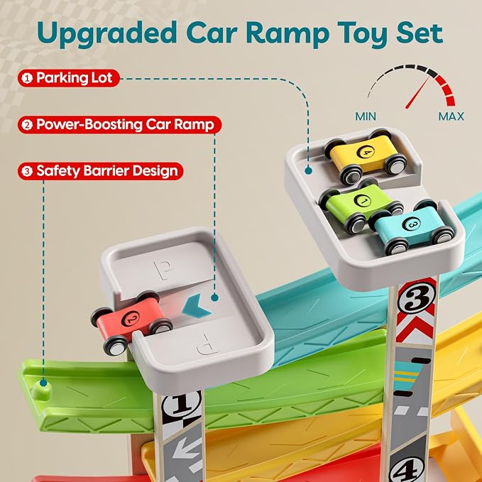 TOP BRIGHT Car Ramp Toys, Race Track Car Toy for Toddler Age 2-4 Boy | Includes 4 Cars & Parking Lot & Gas Station, Toddler Birthday Gift for Boys and Girls