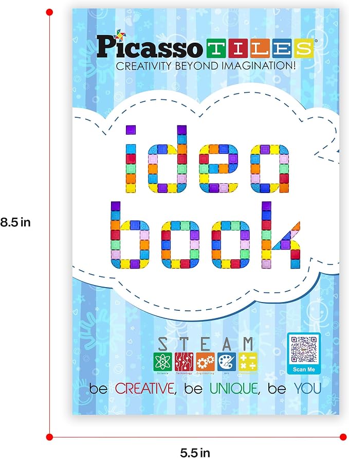 PicassoTiles Magnetic Tile Idea Book, 300 Builds Illustrated Guide, Ages 3+ | 230 pages, bright step-by-step visuals, difficulty scale, STEM skills, race track and marble run inspiration, screen-free fun