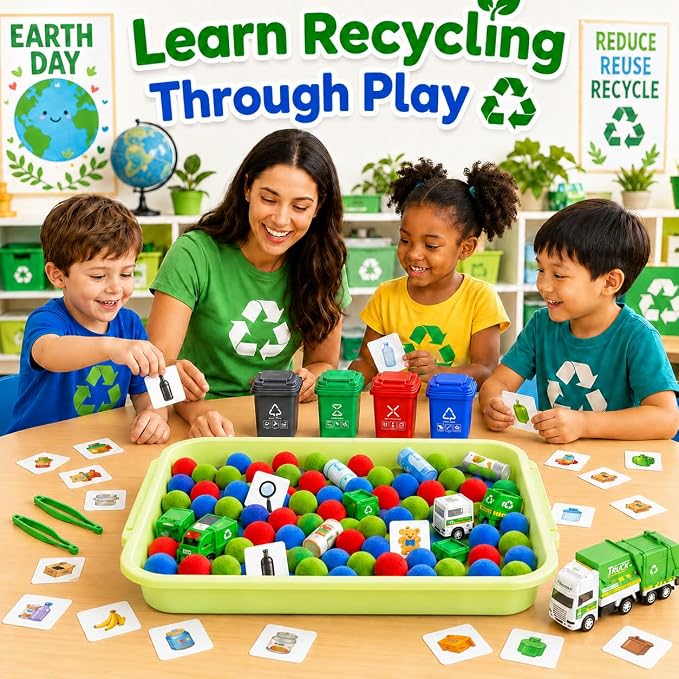 Cinrobiye 163 Pcs Recycling Sorting Activity Set, Earth Day Learning Game with Sorting Bins, Classification Cards and Fine Motor Activities for Preschool Classroom, STEM Educational Learning Supplies