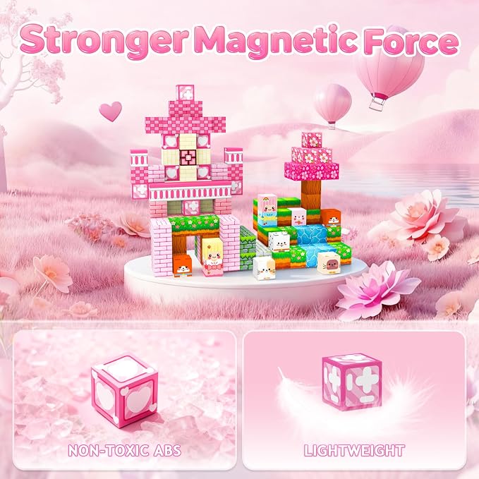Magnetic Building Blocks STEM Toy Magnet Cubes for Kids 4-12 | Magnetic Cubes, 0.8 inches Building Blocks, Christmas Birthday Gifts for Kids Boys Girls Pink Castle-150pcs