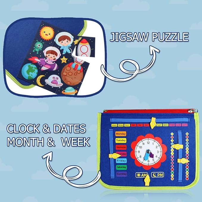 Busy Board Montessori Toy for 3-6 Year Old Toddlers - Educational Activity Developing Sensory Board for Fine Basic Dress Motor Skills - Travel Toys for Plane Car, Gift for Boys Girls