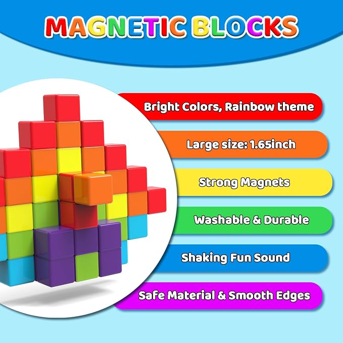 Magnetic Building Blocks, 1.65 inch Large Stacking Cubes for Toddlers | Sensory & Montessori Toys for Boys & Girls 1 2 3 Years Old, Kids Travel Toys, Magnetic Toys Birthday Gifts (24 PCS)