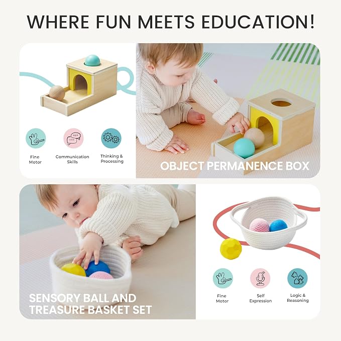 Tiny Land Montessori Toy Set for Babies 7-9 Months Senser Play Kit - 5-in-1 Wooden Learning Toys with Object Permanence Box, Sensory Ball, Stacking Cups and Mirror Puzzle,Body Board Book | Object permanence box, sensory ball, stacking cups, mirror puzz...
