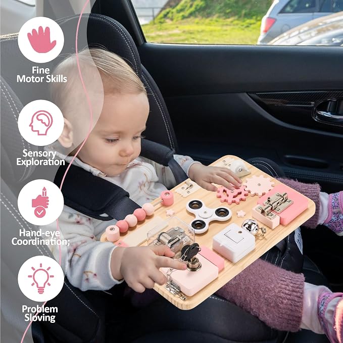 Potatomato Pink Montessori Wooden Busy Board – Sensory Toy for Toddlers – Educational Activity Board for Kids Fine Motor Skills– Travel Fidget Toy for Girls & Boys – Birthday Gift for Autism & ADHD