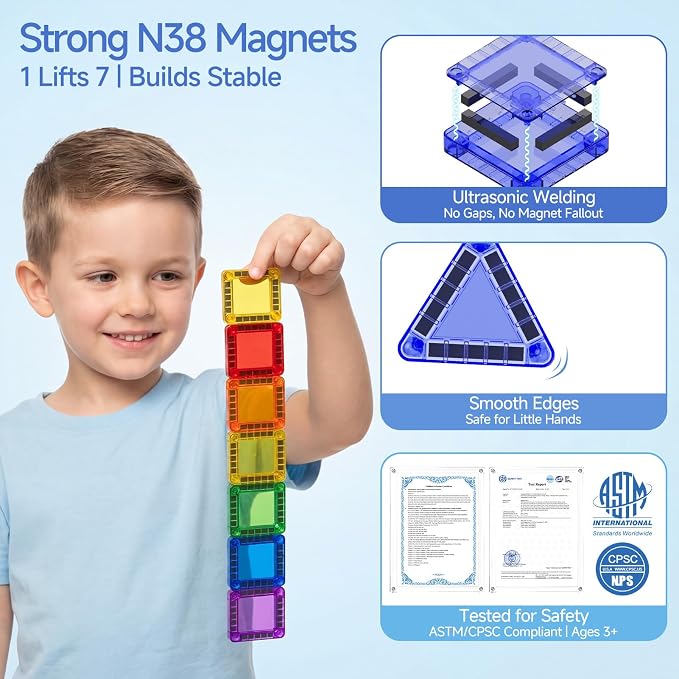 WMXDU Mini Magnetic Building Set: Keep Boys Quiet 60 Mins on Road Trips | 300+ Combos, 90+ Min Crash-Tested Fun for Active Boys. Magnets Lift 7 Tiles, No Fall. Tin Box Shape Guide, Quick Clean