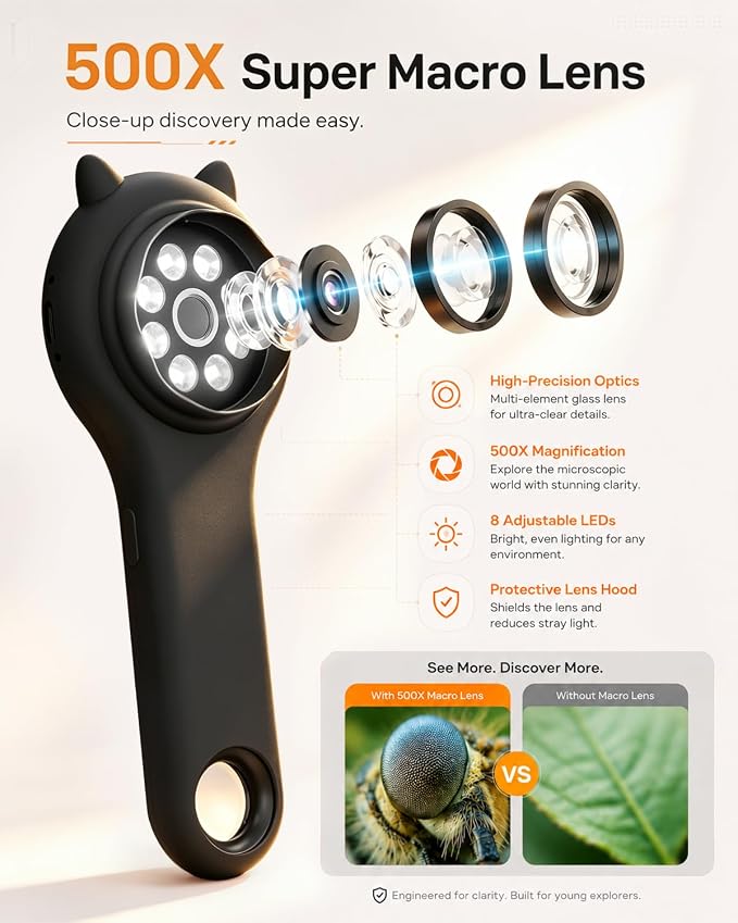 Digital Microscope for Kids School Projects, 500X Portable Microscope with 2" IPS Screen, STEM Science Tool for Kids Age 6-12 (Black)
