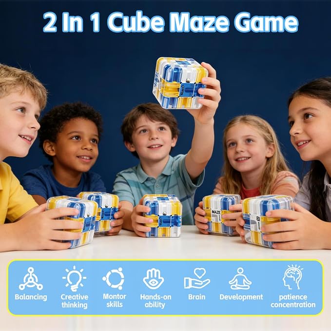 3D Rolling Ball Maze Cube, Large Labyrinth 3D Puzzle Marble Maze Cube, Brain Teaser Game, Educational Learning Sensory Toys Gift for 3+ Age Kids Adults, Logical Thinking, Family Board Games Blue 2.7"