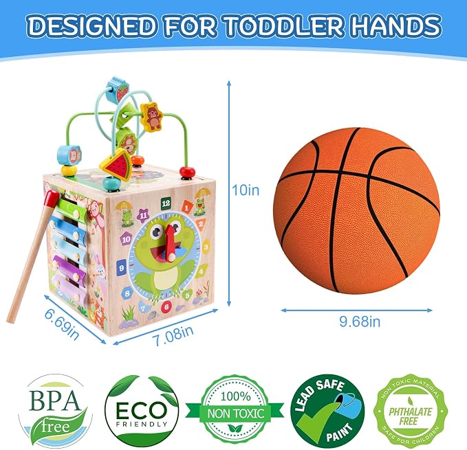 Wooden Activity Cube | Montessori Toys for 1 2 3 Year Old Toddler Gifts | One Year Old 1st First Birthday Gift | Educational Toys for 12+ Months Baby Boys Girls | Bonus Sorting & Stacking Game (Blue)