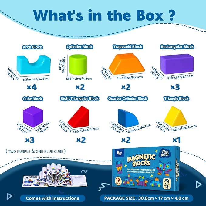 Pairez Toys Magnetic Blocks, Large 1.65 inch Stacking Blocks for Kids | 19 PCS blocks, 7 Colors & 8 Shapes, 3D Building Fun, Montessori Sensory Toy, Preschool Construction Kit, Travel & Outdoor Toy