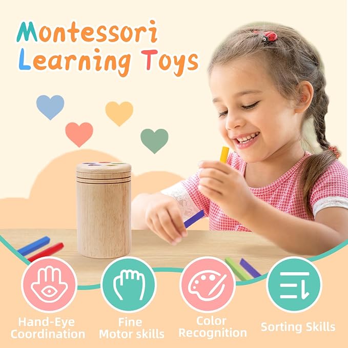 Montessori Wooden Stick Color Sorting Toys for 1+ Year Old | Preschool Learning Activities Educational Fine Motor Color Sorting Matching Game,1 2 3 Year Old Birthday Gifts for Boys Girls