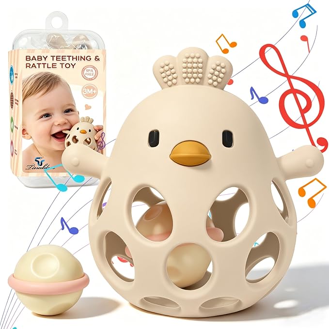 Tinabless 2-in-1 Baby Teether Rattle Toy, Easy Grip Silicone Teething Toy for Babies 3-12 Months, BPA-Free Sensory Chew Toy for Sore Gums, Infant Shower Gift (Beige w/Rattle)