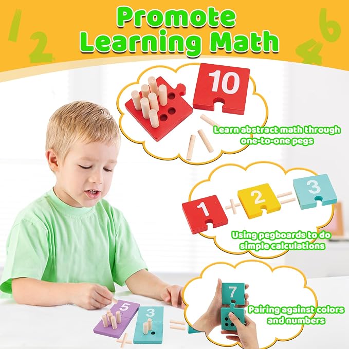 Counting Pegs Board Montessori Toys for Kids Aged 3 4 5 6 Years Old, Wooden Early Math and Number Digital Plunger Manipulatives Materials Game for Toddlers Home Kindergarten Daycare Classroom