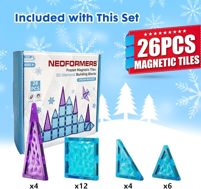 Magnetic Tiles 26 pcs Frozen Castle Magnetic Tiles - 3D Diamond Building Blocks, STEM Educational Kids Toys for Pretend Play, Birthday Gifts Montessori Sensory Educational Magnet Toys