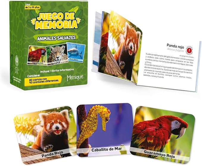 Menique Wild Animals Memory Matching Game – Spanish Edition – 80 Cards (40 Pairs) with Real Photos – Educational Game in Spanish for Kids and Adults – Includes Booklet