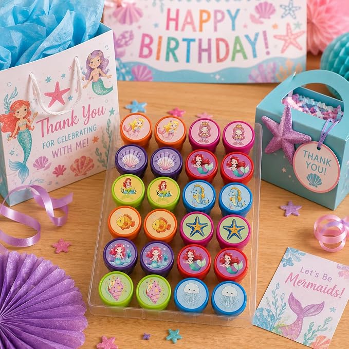 Cinrobiye 24 Pcs Mermaid Stampers Party Favor Set, Cute Under the Sea Stamps for Kids Birthday Party, Classroom Rewards, Carnival Prizes, Goody Bag Fillers, Mermaid Themed Party Supplies