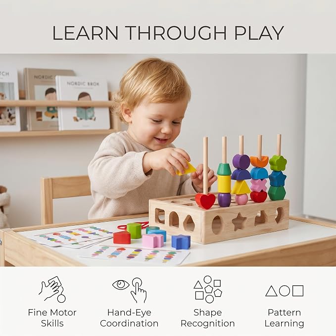 Sorting Stacking Sequencing Lacing Beads Toy with Pattern Cards | 4 in 1 Montessori Wooden Shape Sorter Toy, Fine Motor Skills Learning Toy for Toddlers Preschool Boys Girls