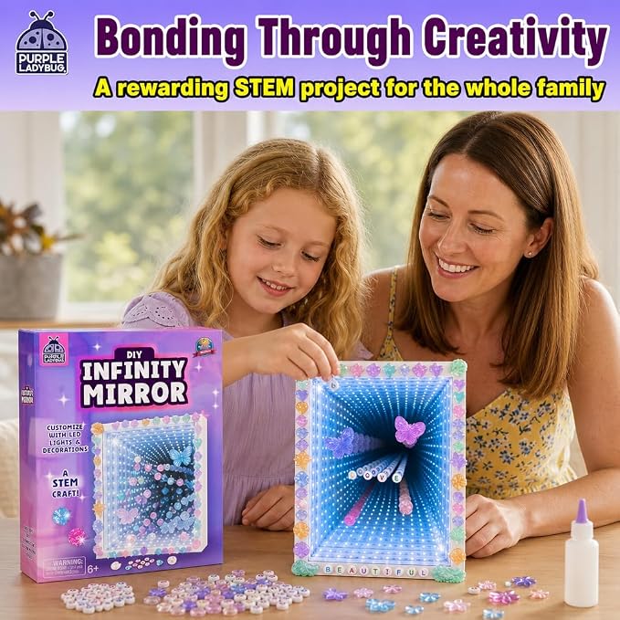 DIY Infinity Mirror Kit, Screen-Free Crafts for Girls Ages 6-12 | Light-Up STEM Crafts with Gems & Assorted Alphabet Beads for Customization, Educational Girls Crafts Ages 6-8