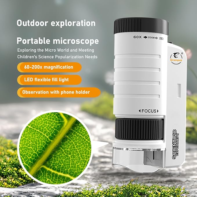 Grampus 60x-200x LED Pocket Microscope Portable Handheld STEM Toy for Kids Adults, Mini Microscope for Student Science Lab for Educational Microbiological Observation Outdoor Exploration