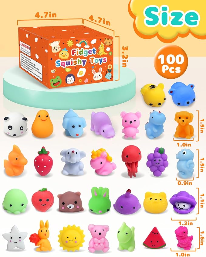 100 Pack Kawaii Squishy Toys, Fidget Party Favors for Kids 3-5, 4-8, 8-12 | Treasure Box Toys for Students, Classroom Prizes, Mini Birthday Gifts, Goodie Bag Stuffers, Bulk Fidget Squeeze Toy