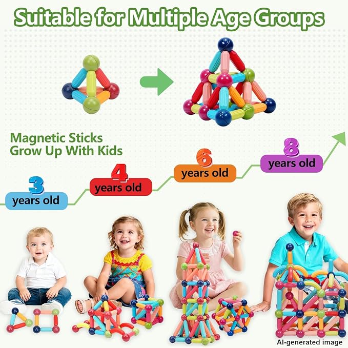 COUOMOXA Magnetic Toy Montessori for Kids: 3 4 5 6 7 8 9 10 11 12 Years Old Kids Building Sticks - Magnetic Creative Toy Age 3-12 Playroom Family - Christmas Birthday Gift for Boys Girls