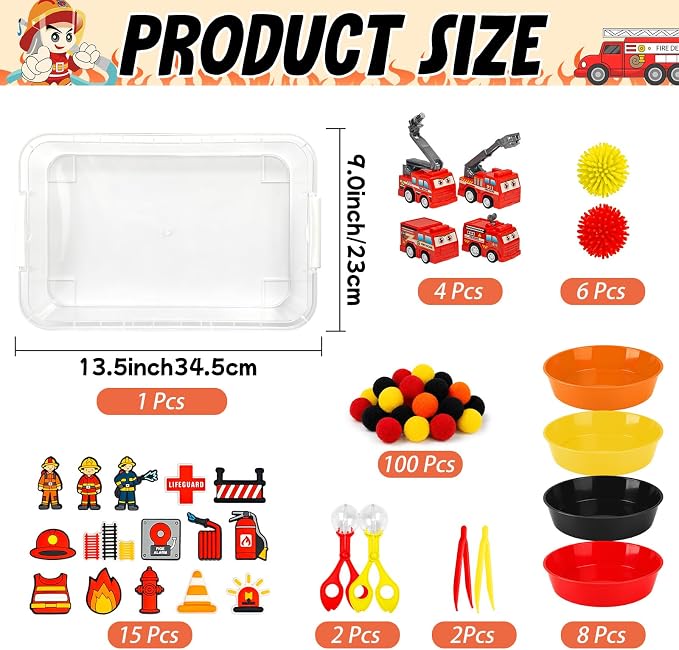 Cinrobiye 138Pcs Firefighter Sensory Bin Fillers Set, Fire Truck Rescue Theme Kit with Fire Station, Rescue Vehicle, Traffic Barrier, Storage Box for Scene Setup, Classroom Activities Creative Project