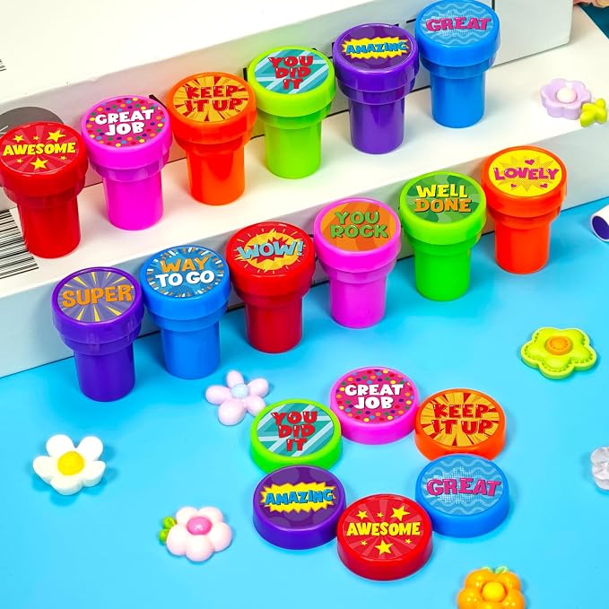 Cinrobiye 24 Pcs Positive Teacher Stampers Party Favor Set, Encouraging Classroom Reward Stamps for Kids, Teacher Supplies, Student Motivation Gifts, Goody Bag Fillers, School Activity Prizes