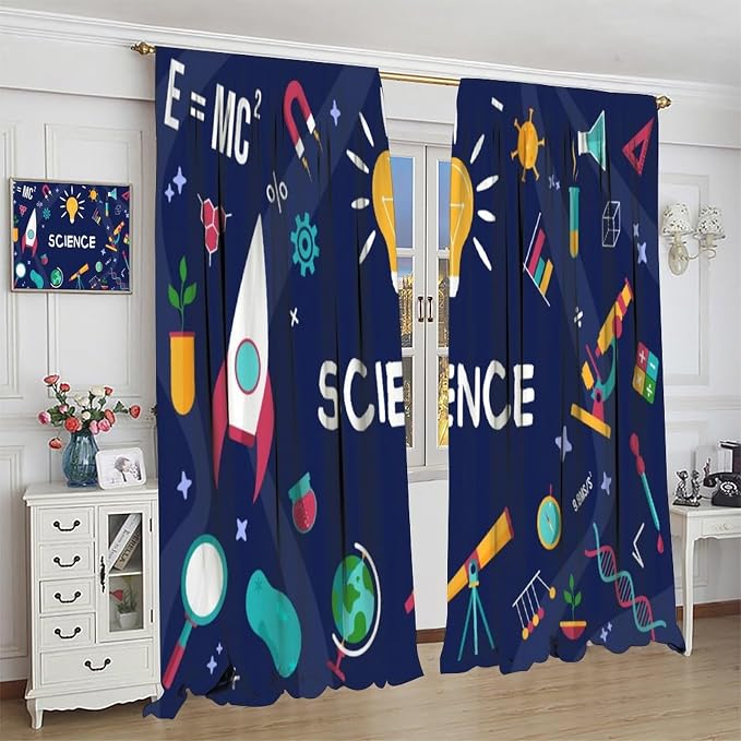 Science Symbols Kids Curtain Sketches Cartoon Chemistry Physics Geometry Education Pattern Print Window Drapes for Bedroom Living Room Kitchen Decor,2 Panel Set,63x72 Inch Blackout
