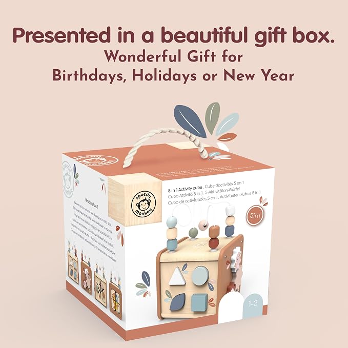 5-in-1 Activity Cube, Educational Wooden Toy with Bead Maze, Shape Sorter, Gears, Puzzle & More, Develops Social, Communication & Numeracy Skills, Non-Toxic Paint, Ideal for Kids | bead maze, shape sorter, gears, puzzle, 5-in-1 cube, montessori toys, p...
