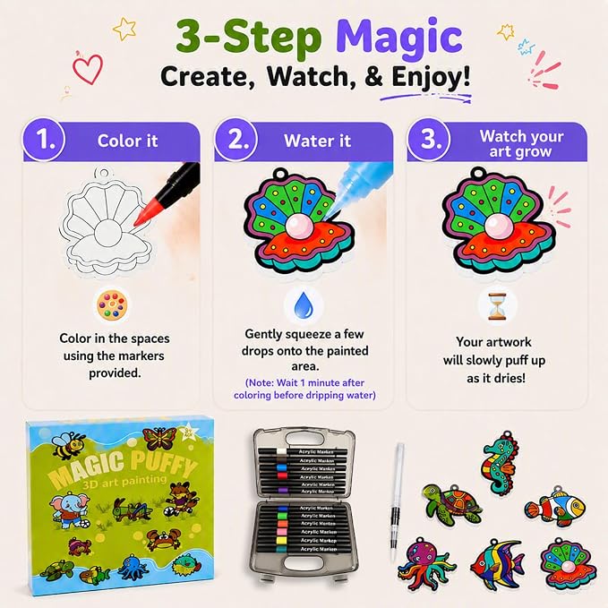MWOMGLP Magic Foam Texture Painting Kit, 16 Pack DIY Puffy Foam Art Craft Set for Kids, 3D Sensory Painting Paper with Colorful Foam Sheets, Creative Gift for Boys Girls Ages 3+(Marine Animal)