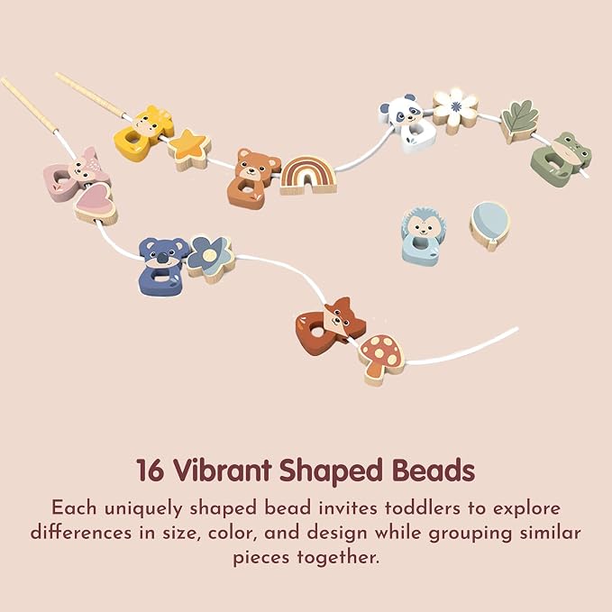 Wooden Lacing Beads Set for Toddlers 24m+ Threading Toy | animal shapes, threading beads, lacing toys, sorting & stacking toys, preschool toys, pattern color recognition, fine motor