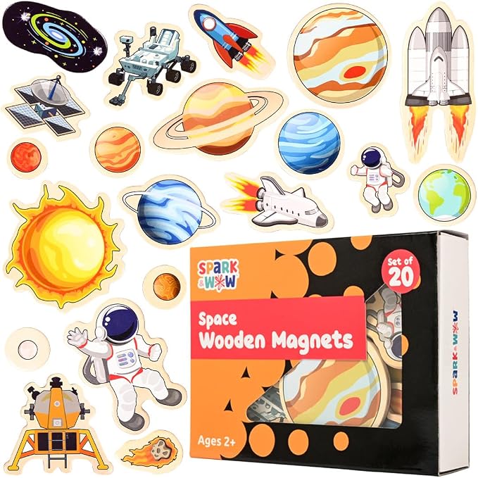 SPARK & WOW Wooden Magnets, Space, Set of 20 | Magnets for Kids Ages 2+, Adhere to Fridges, Whiteboards and More